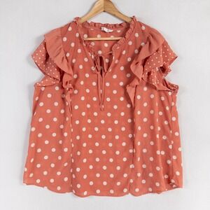 Perch by Blu Pepper Top Blouse Womens 2X Salmon Pink Polka Dot Ruffle Flowy